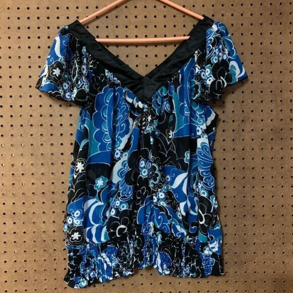 Y2K Top Pink Girl Blue Sheer Floral Blouse V-neck Funky Disco 70s 1X Retro Silky